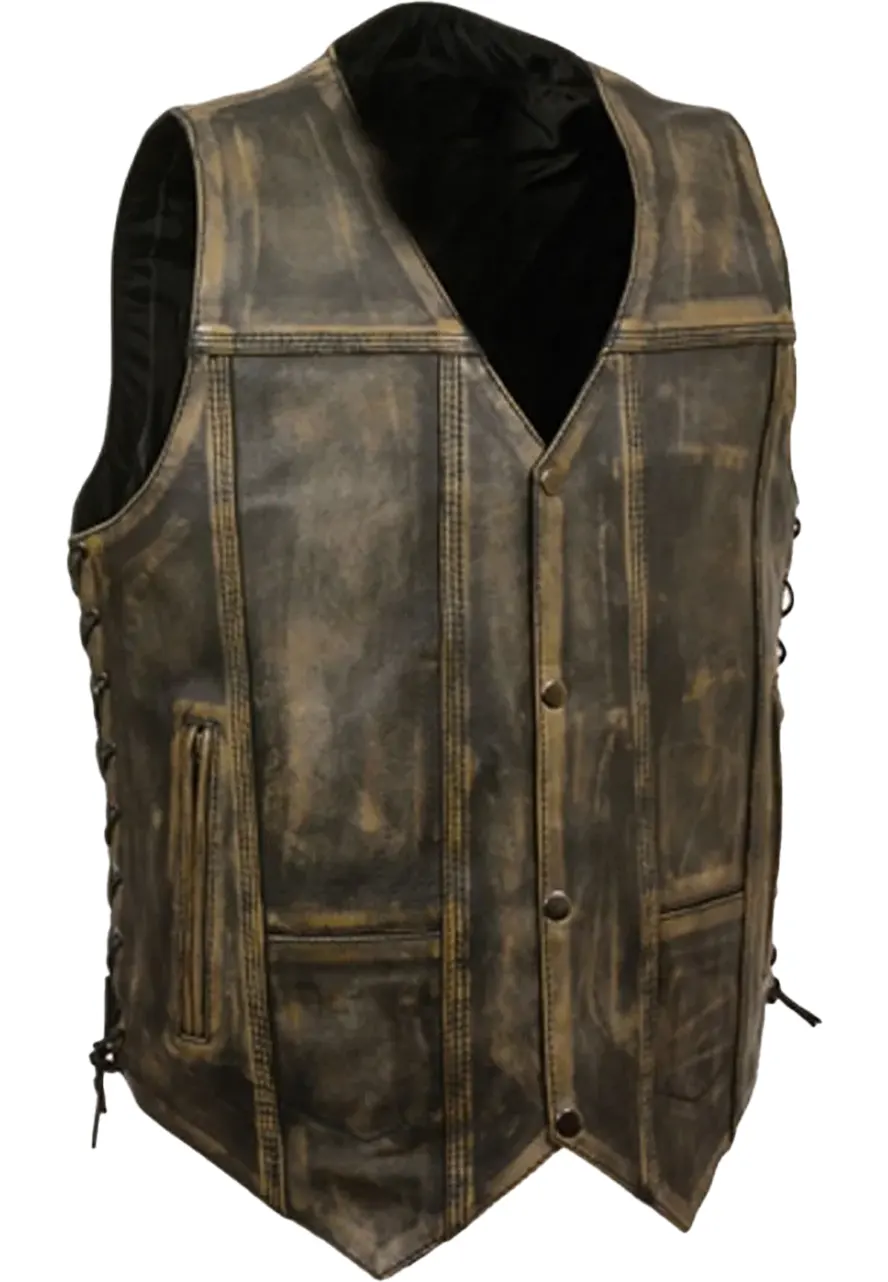 Men's Side Lace Distressed Brown Leather Motorcycle Vest